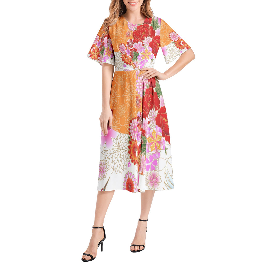 Short Sleeve Waist Folding Midi Dress
