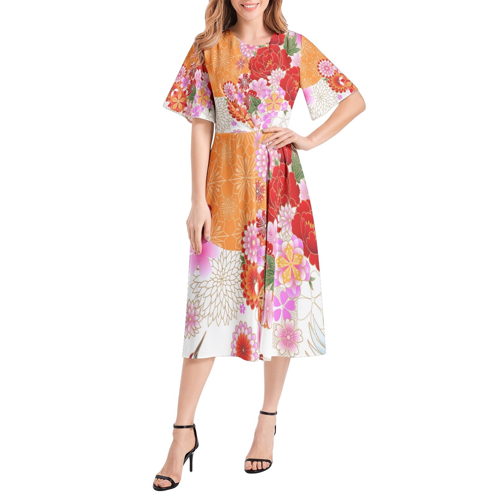 Short Sleeve Waist Folding Midi Dress