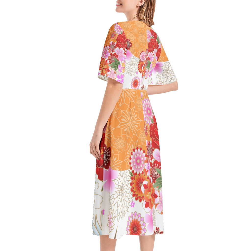 Short Sleeve Waist Folding Midi Dress