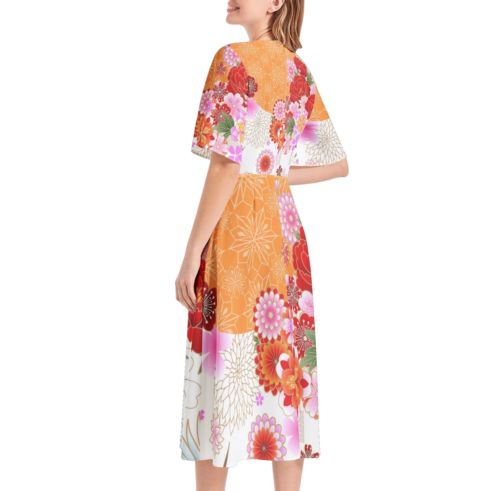 Short Sleeve Waist Folding Midi Dress