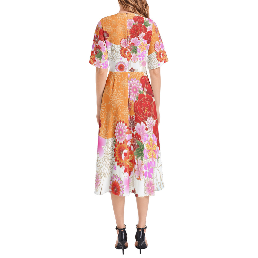 Short Sleeve Waist Folding Midi Dress