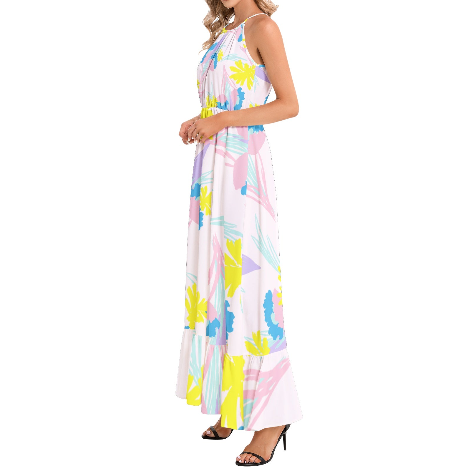 Ruffle Hem Halter Neck Maxi Dress