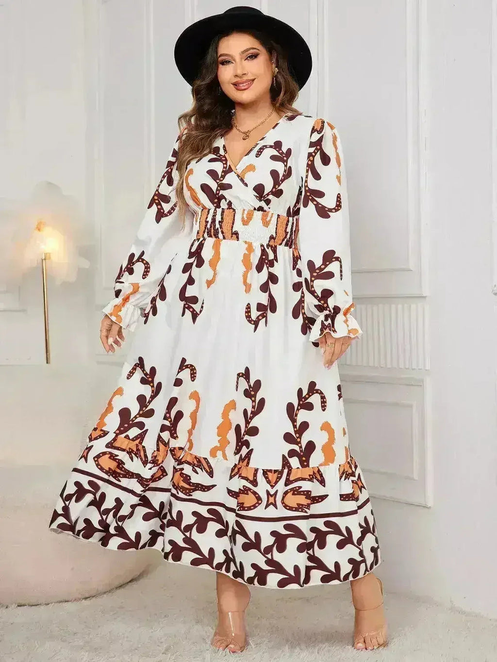 Plus Size Surplice Dress - Flounce Sleeve & Ruffled Hem | Femstylo