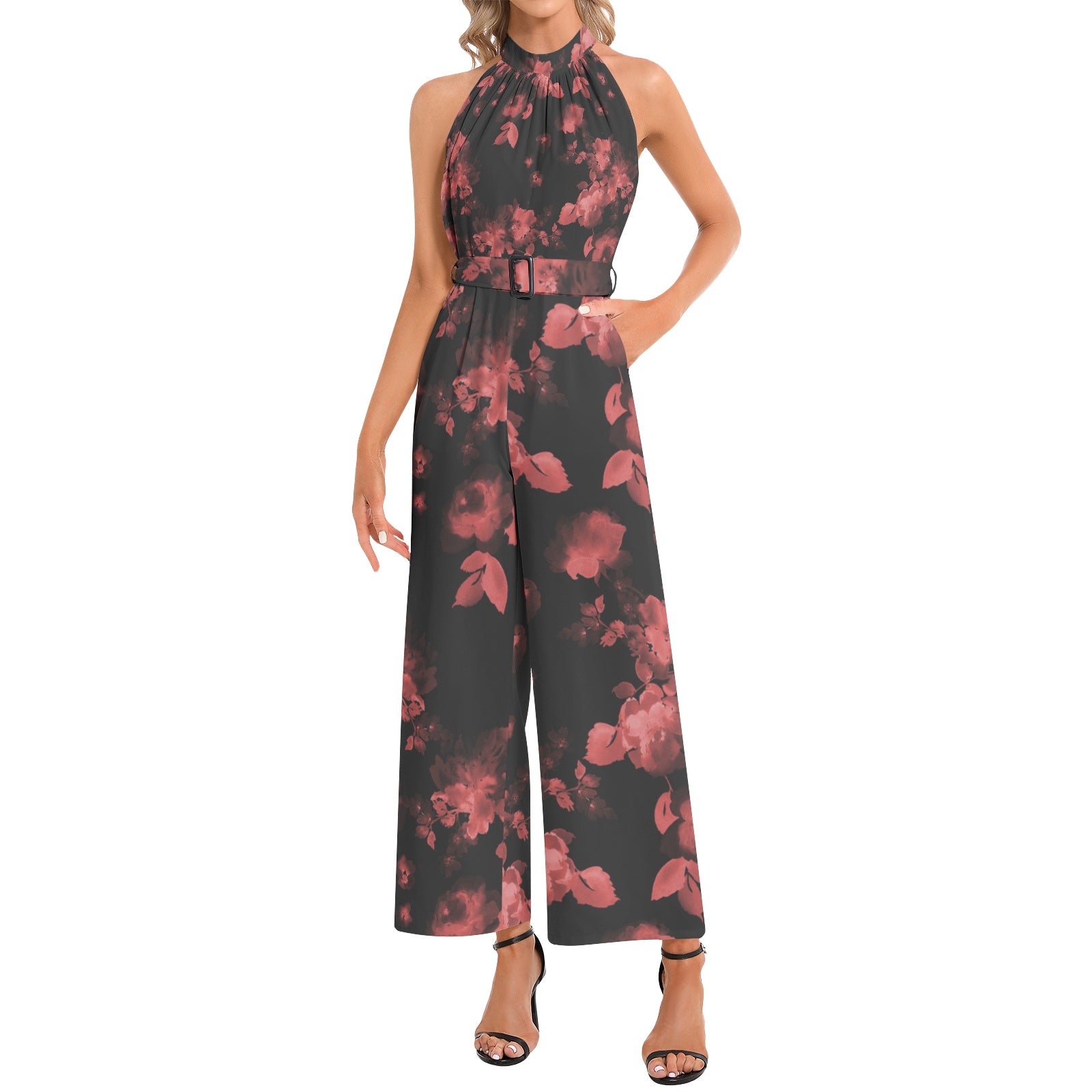 Halter Neck Buckle Belted Jumpsuit